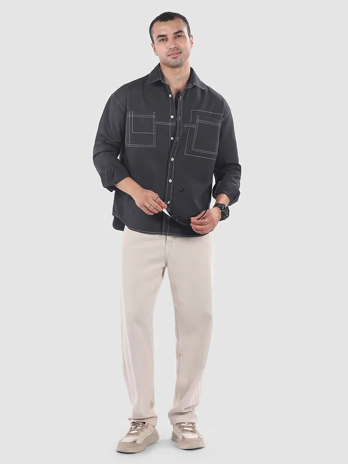 Dark Grey Dual Pocket Contrast Stitch Shirt