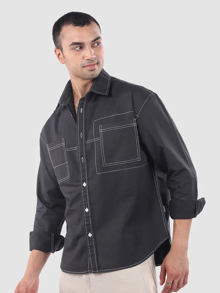 Dark Grey Dual Pocket Contrast Stitch Shirt