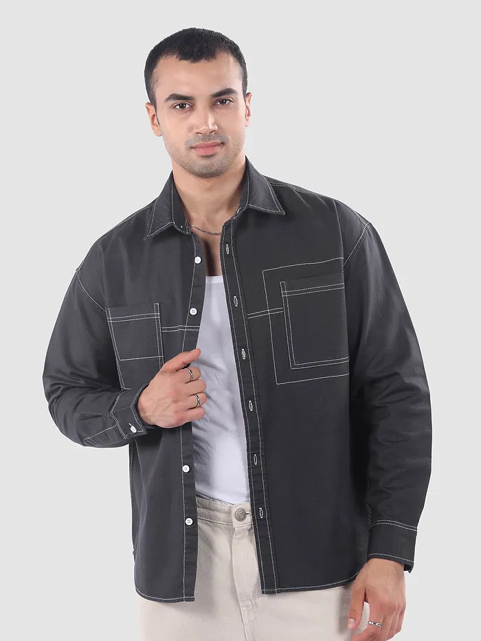 Dark Grey Dual Pocket Contrast Stitch Shirt