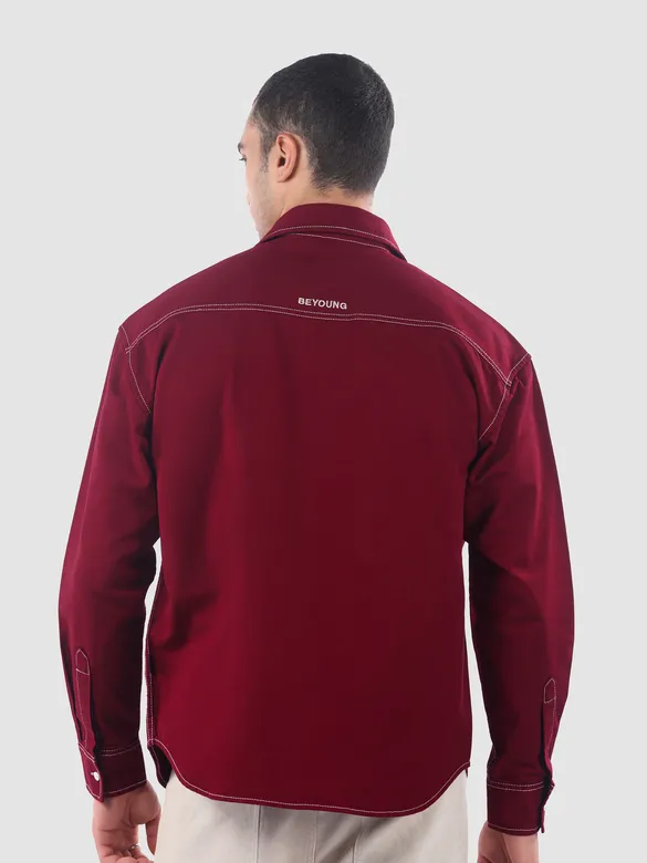 Maroon Dual Pocket Contrast Stitch Shirt