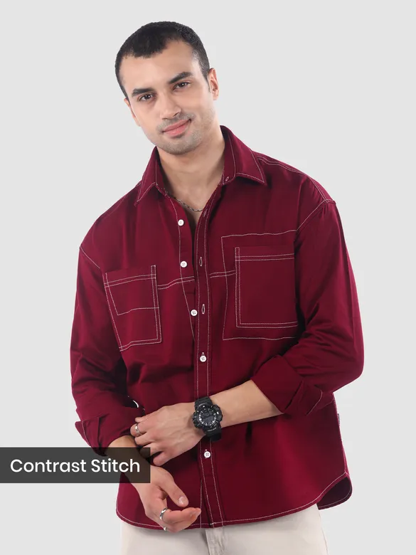 Maroon Dual Pocket Contrast Stitch Shirt