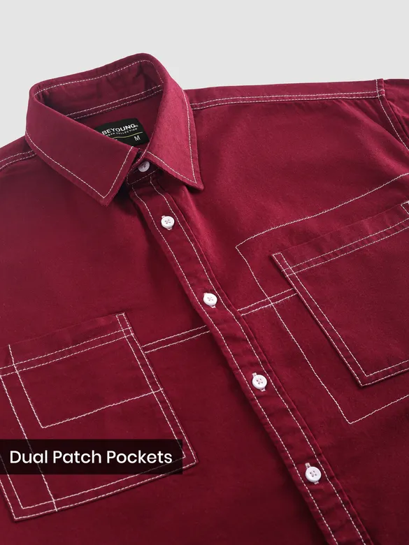Maroon Dual Pocket Contrast Stitch Shirt