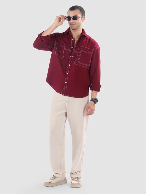 Maroon Dual Pocket Contrast Stitch Shirt