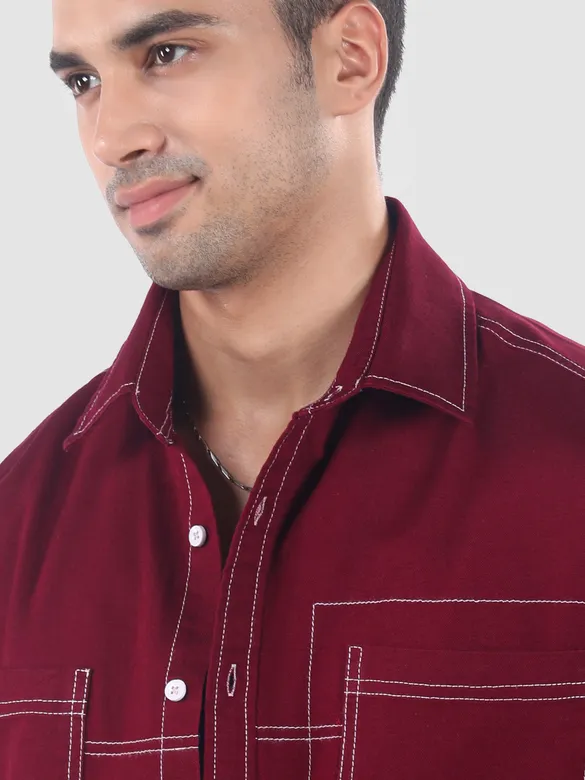 Maroon Dual Pocket Contrast Stitch Shirt