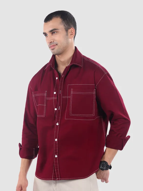 Maroon Dual Pocket Contrast Stitch Shirt