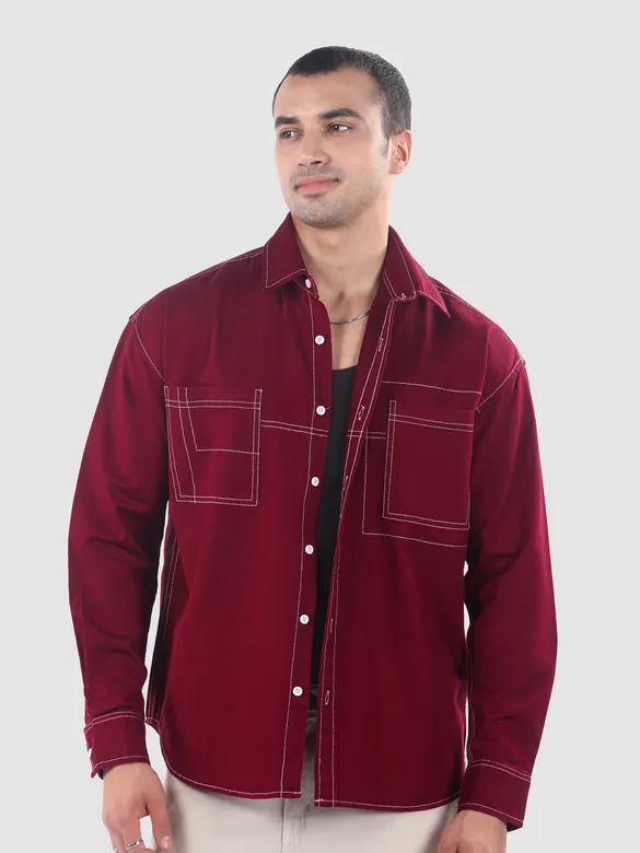 Maroon Dual Pocket Contrast Stitch Shirt