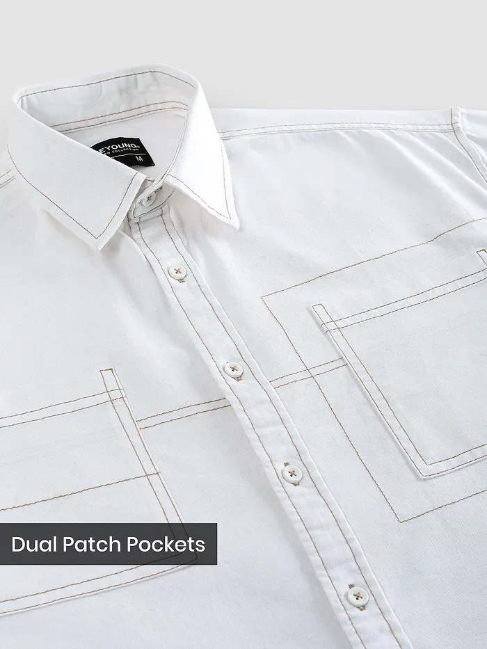 White Dual Pocket Contrast Stitch Shirt