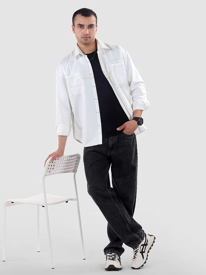 White Dual Pocket Contrast Stitch Shirt