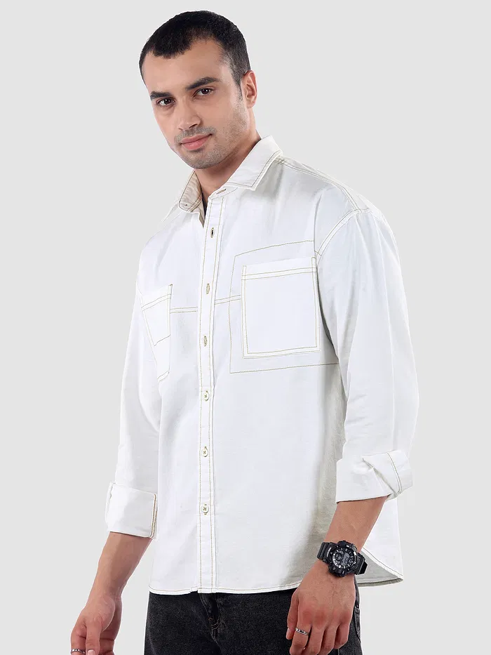White Dual Pocket Contrast Stitch Shirt
