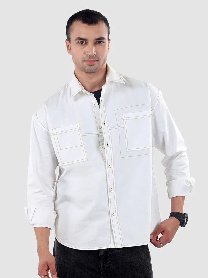 White Dual Pocket Contrast Stitch Shirt