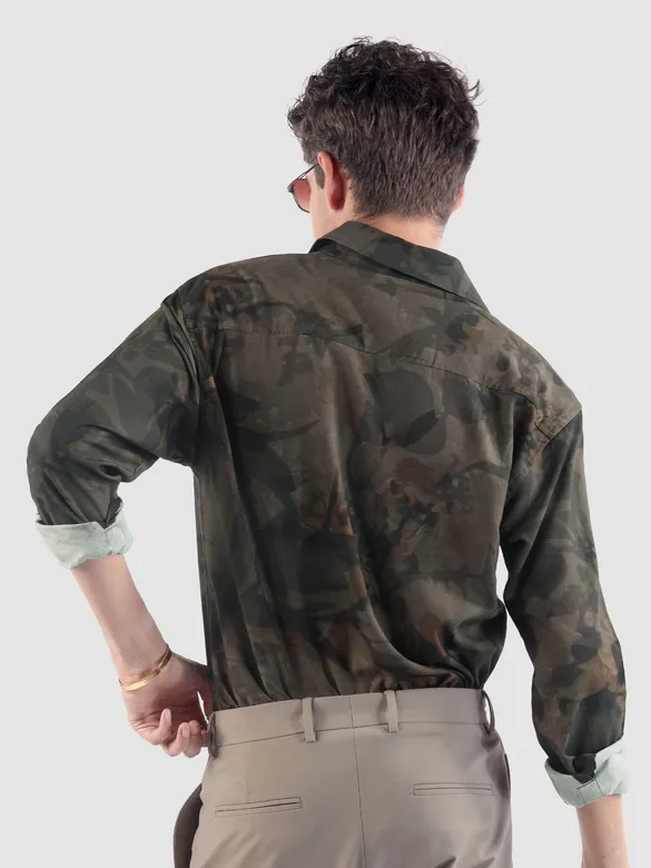 Brown Tropical Printed Viscose Shirt