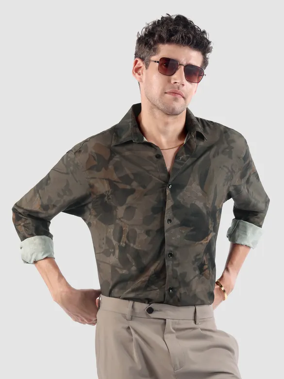 Brown Tropical Printed Viscose Shirt