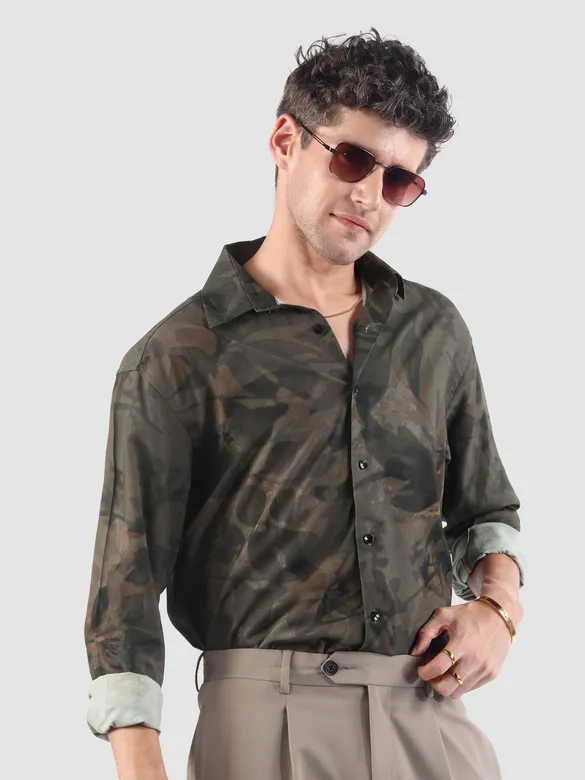 Brown Tropical Printed Viscose Shirt