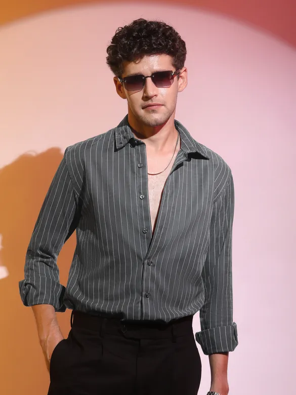 Dark Grey Stripe Button Down Collar Shirt