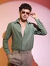 Dark Sage Green Stripe Button Down Collar Shirt
