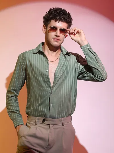 Dark Sage Green Stripe Button Down Collar Shirt