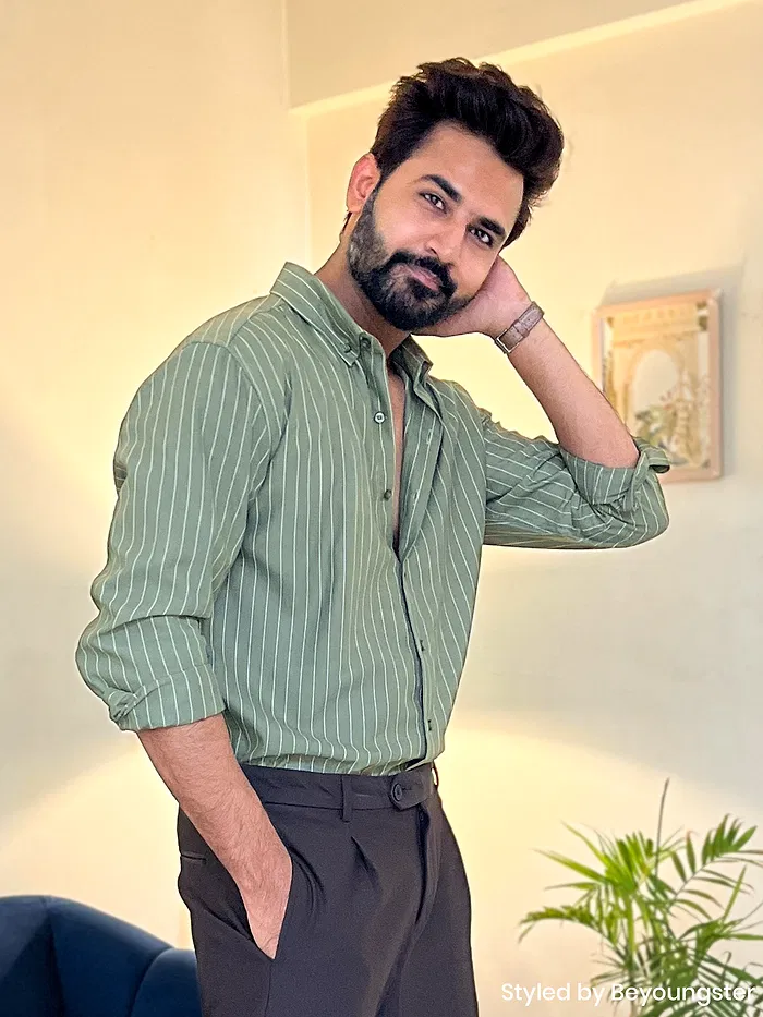 Dark Sage Green Stripe Button Down Collar Shirt