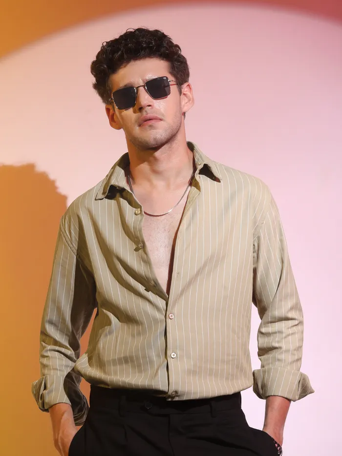 Sand Brown Stripe Button Down Collar Shirt