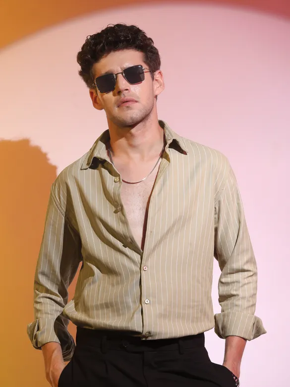 Sand Brown Stripe Button Down Collar Shirt