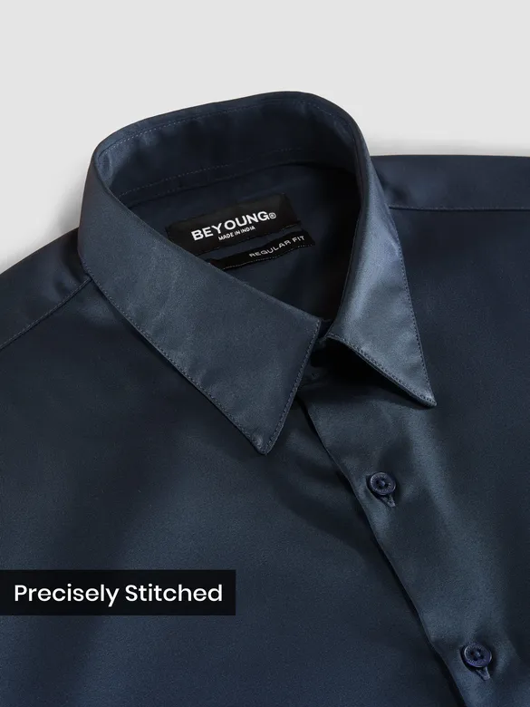 Navy Double Cuff Satin Shirt
