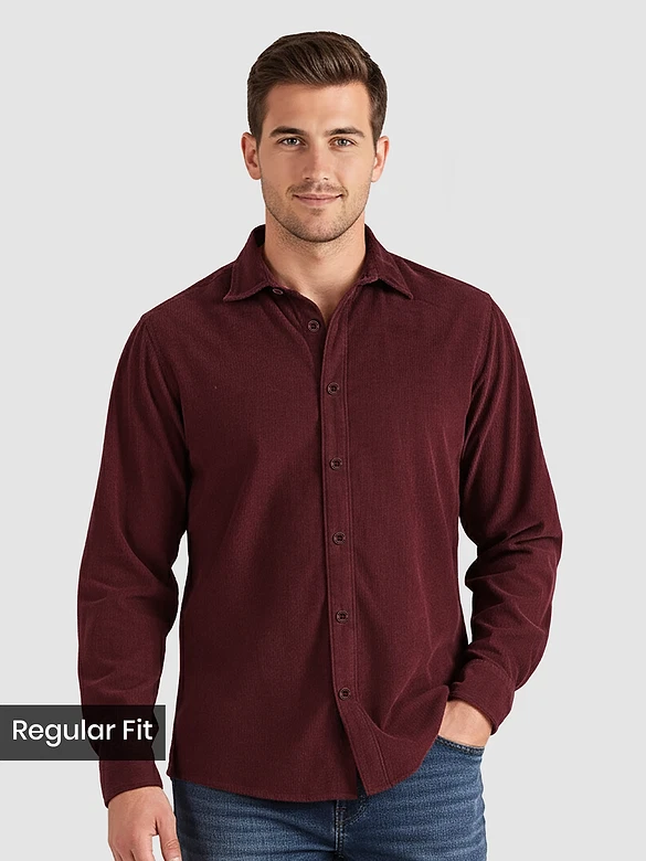 Wine Solid Corduroy Shirt