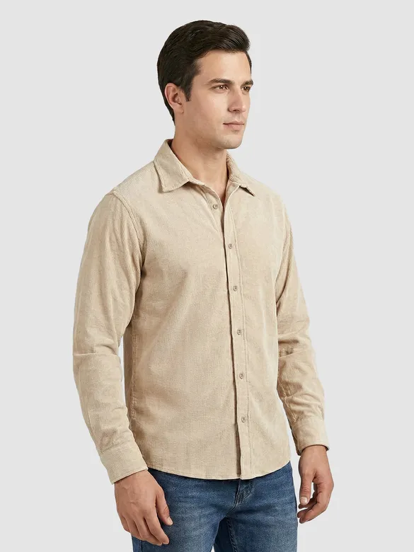 Cream Solid Corduroy Shirt