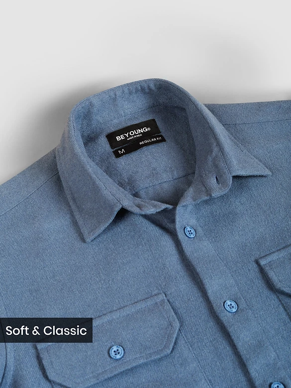 Denim Blue Recycled Solid Flannel Shirt