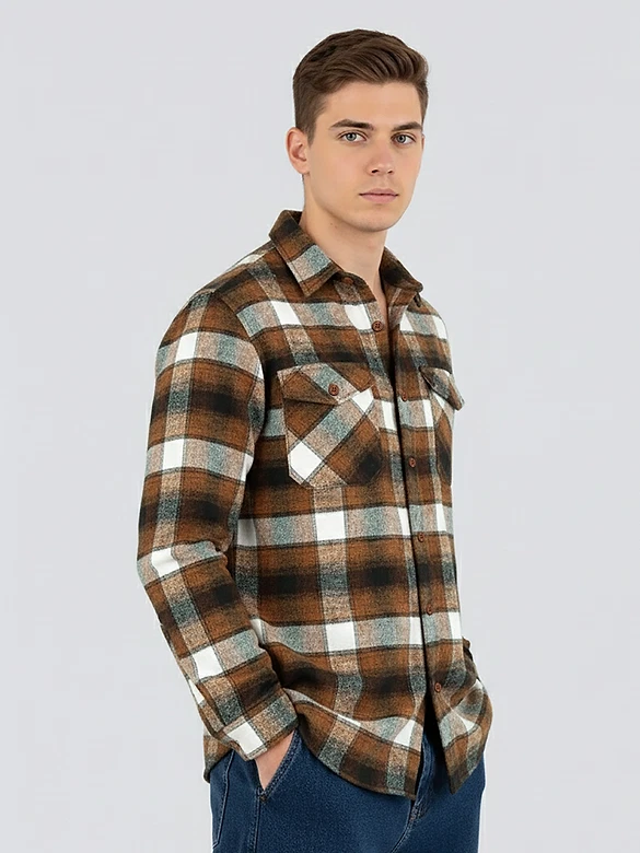 Caramel Brown Recycled Checked Flannel Shirt