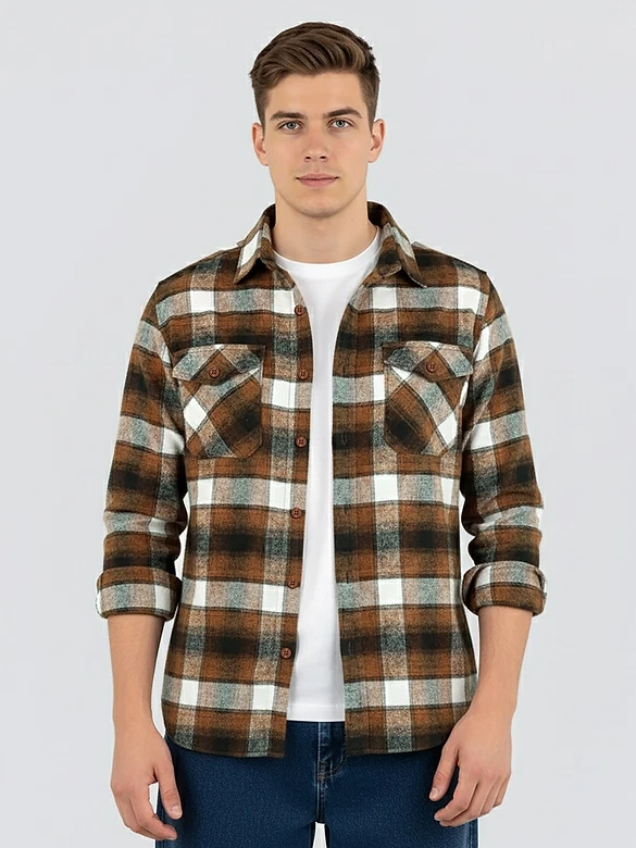 Caramel Brown Recycled Checked Flannel Shirt