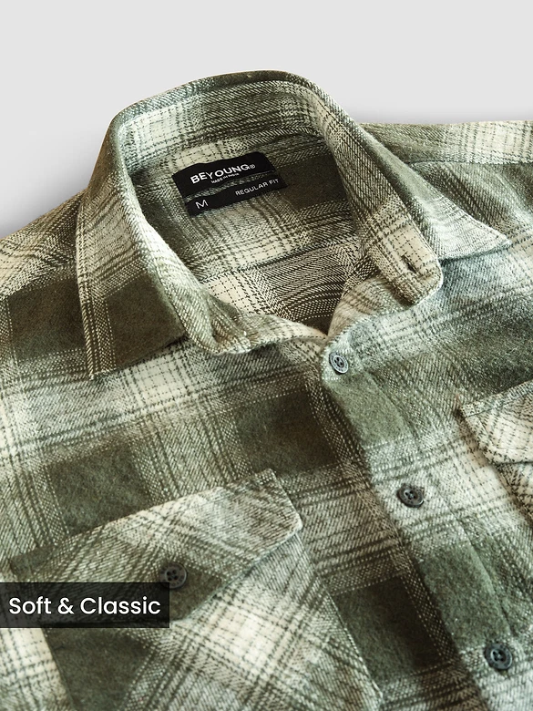 Olive Green Recycled Checked Flannel Shirt