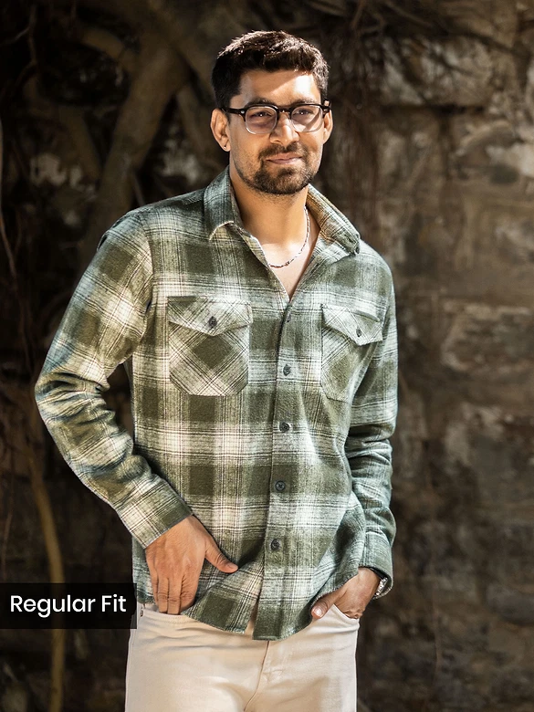 Olive Green Recycled Checked Flannel Shirt