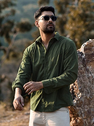 Olive Green Solid Corduroy Shirt