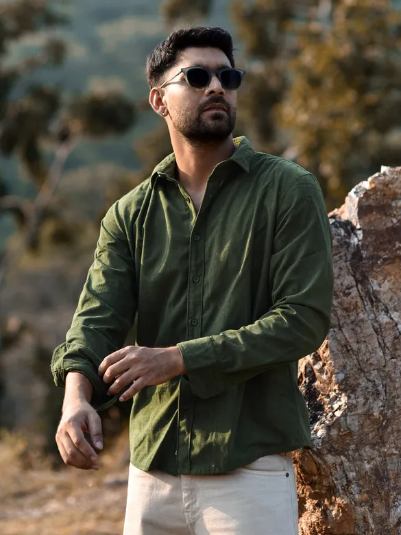 Olive Green Solid Corduroy Shirt