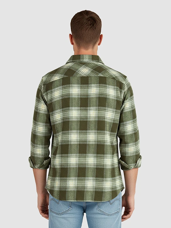 Olive Green Recycled Checked Flannel Shirt