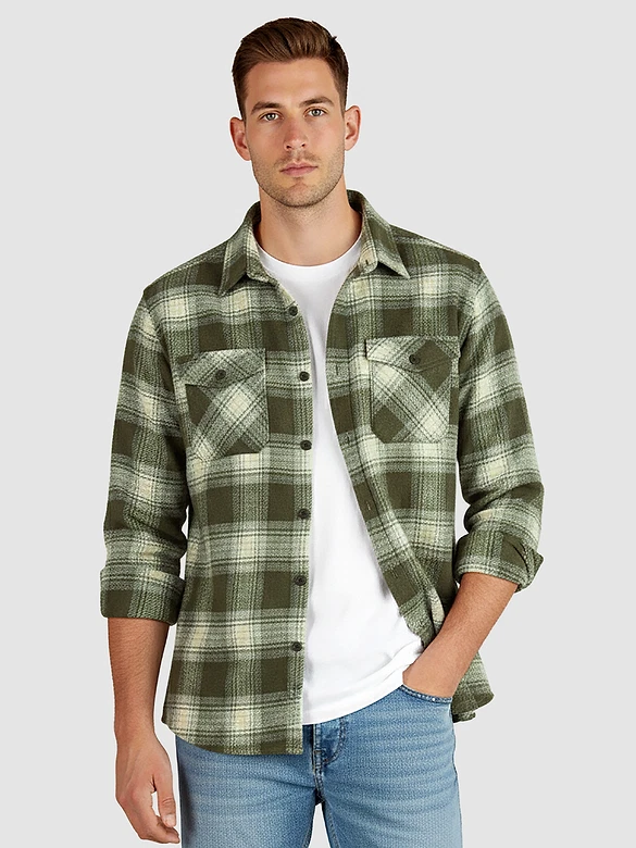 Olive Green Recycled Checked Flannel Shirt