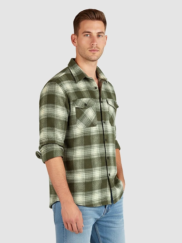 Olive Green Recycled Checked Flannel Shirt