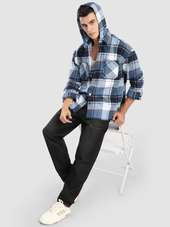 Blue Detachable Hoodie Flannel Shirt