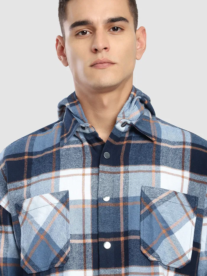 Blue Detachable Hoodie Flannel Shirt