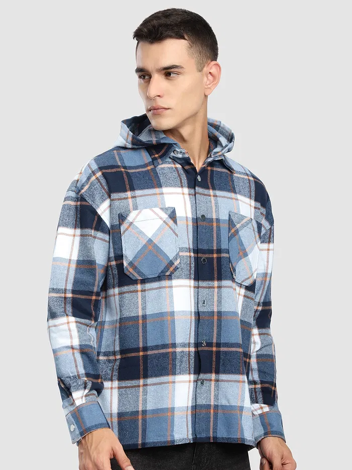 Blue Detachable Hoodie Flannel Shirt