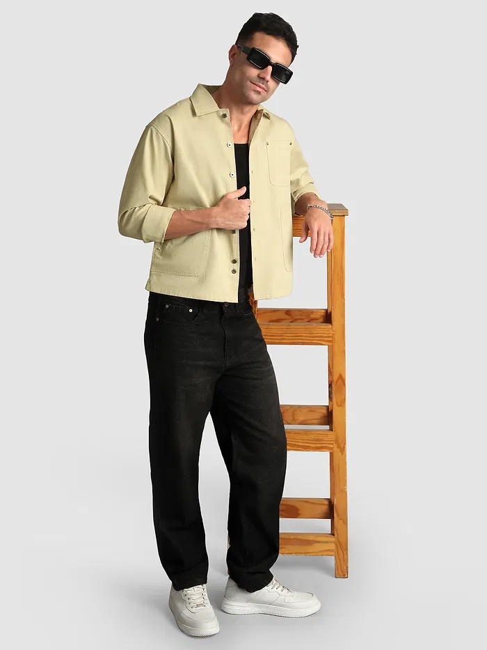 Beige Solid Multipocket Shacket