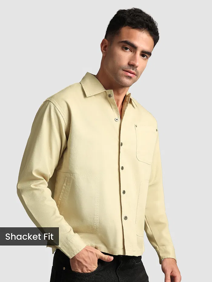 Beige Solid Multipocket Shacket