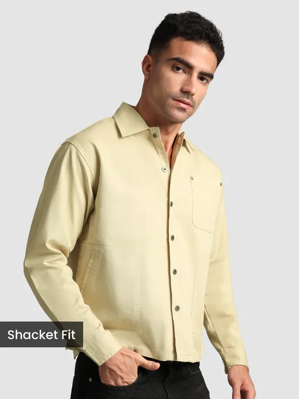 Beige Solid Multipocket Shacket