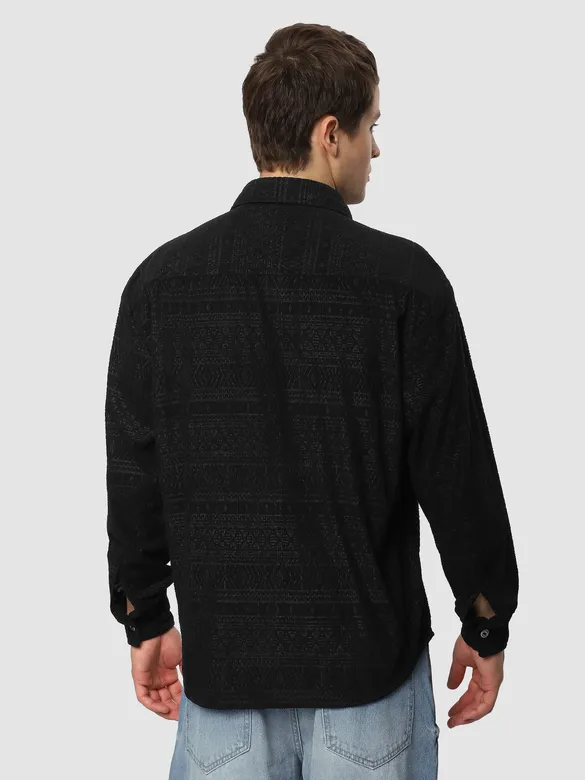 Black Geometric Textured Corduroy Shirt
