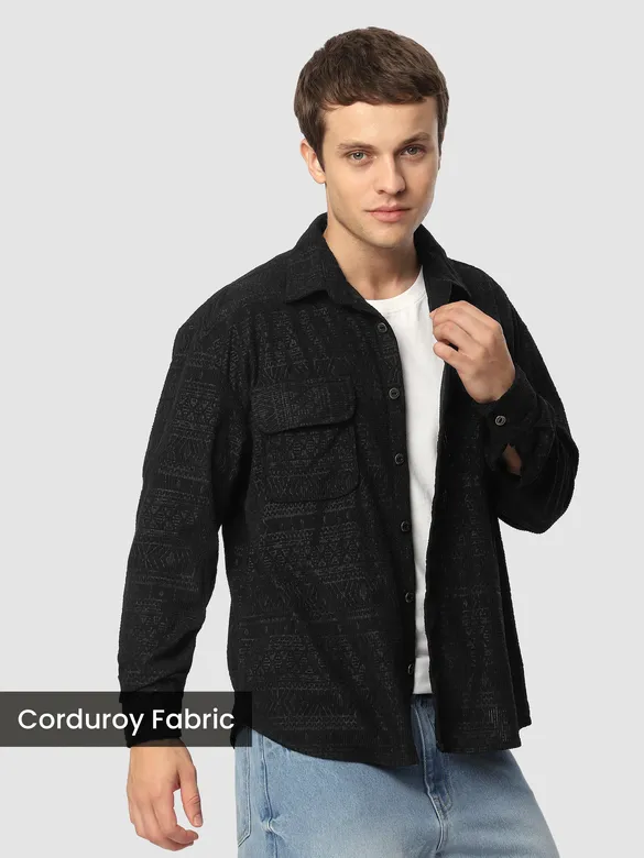 Black Geometric Textured Corduroy Shirt