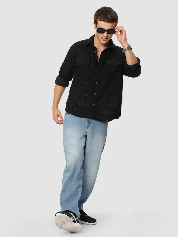 Black Geometric Textured Corduroy Shirt