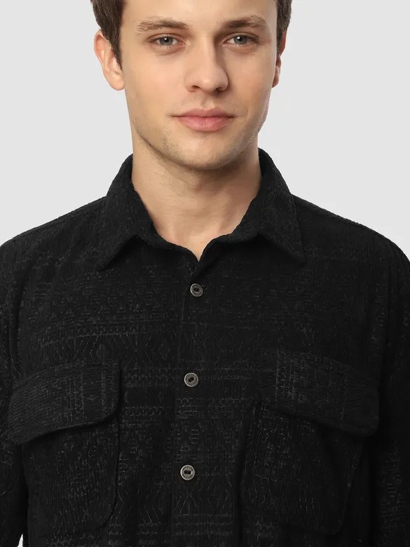 Black Geometric Textured Corduroy Shirt