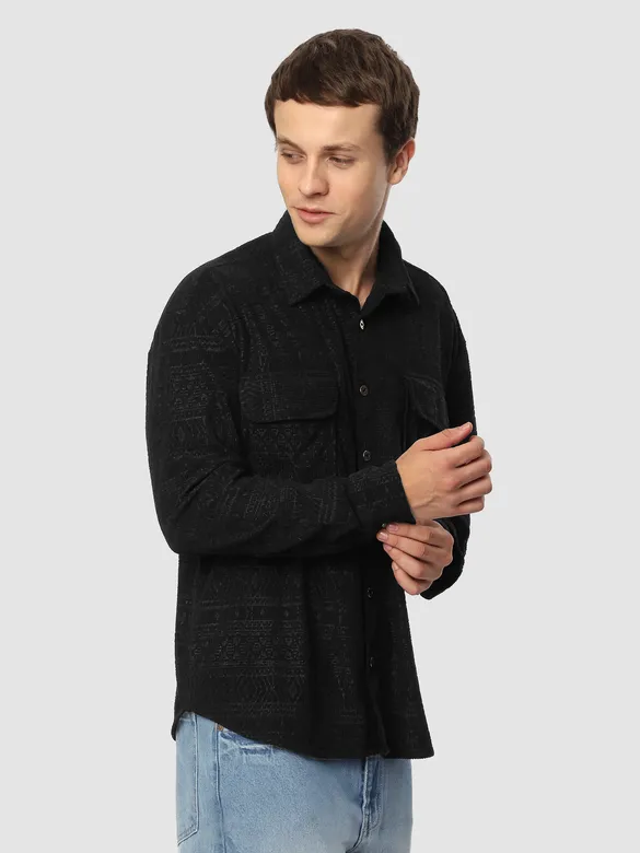 Black Geometric Textured Corduroy Shirt
