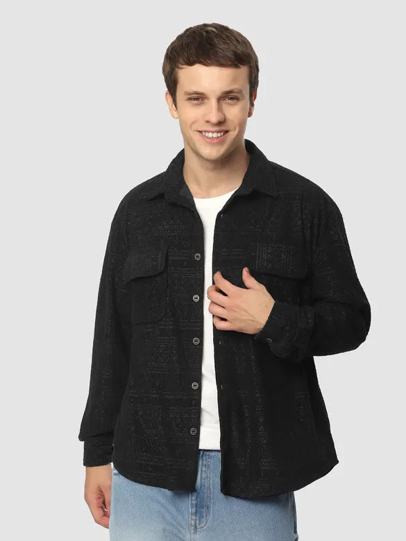 Black Geometric Textured Corduroy Shirt