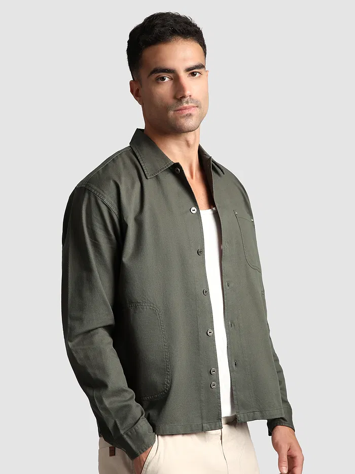 Grey Solid Multipocket Shacket