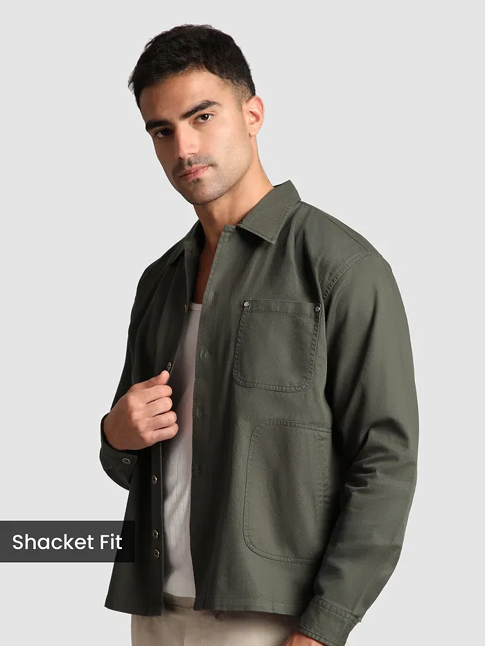 Grey Solid Multipocket Shacket